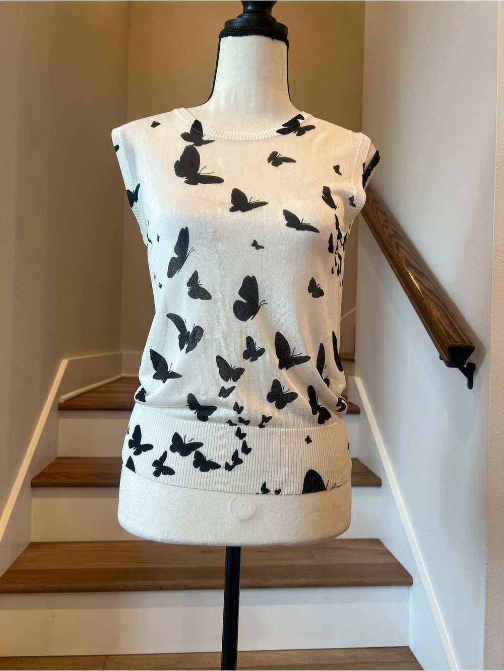 D&G White Sleeveless Knit Tank with Black Butterfly Print